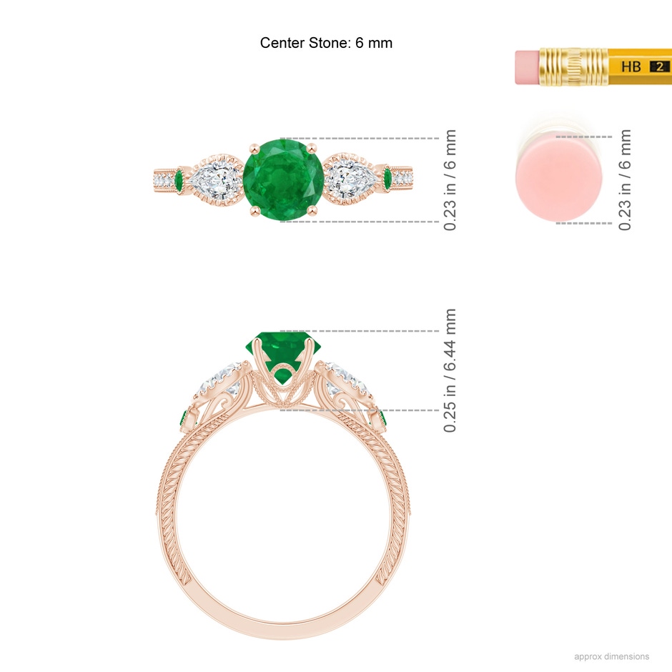 6mm AA Aeon Vintage Style Emerald and Diamond Three Stone Engagement Ring with Milgrain in Rose Gold ruler