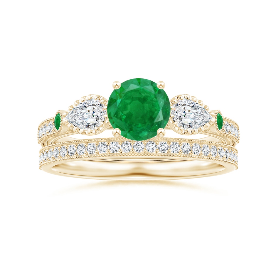 6mm AA Aeon Vintage Style Emerald and Diamond Three Stone Engagement Ring with Milgrain in Yellow Gold side-3