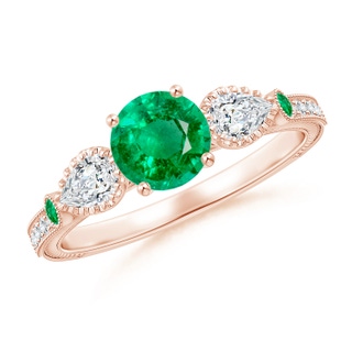 6mm AAA Aeon Vintage Style Emerald and Diamond Three Stone Engagement Ring with Milgrain in 18K Rose Gold