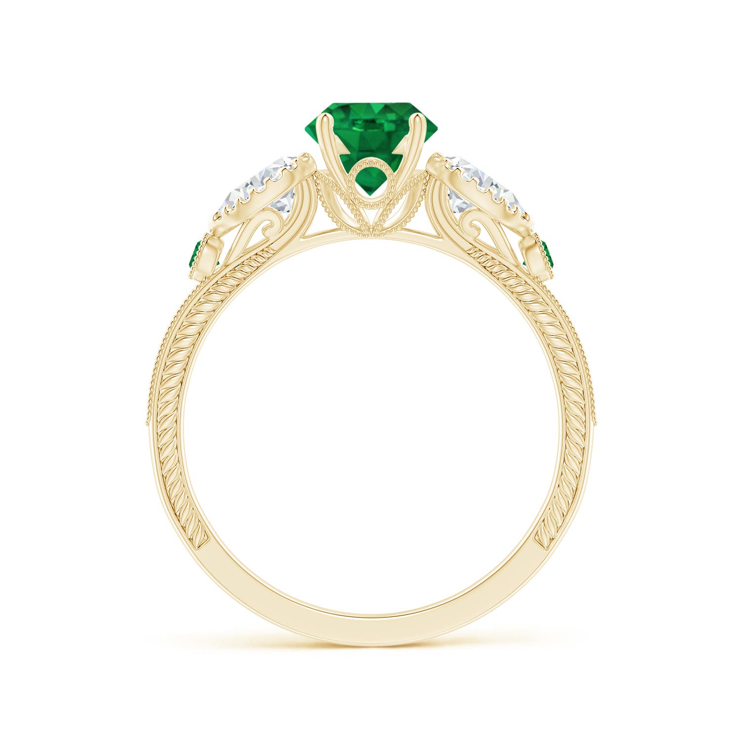 6mm AAA Aeon Vintage Style Emerald and Diamond Three Stone Engagement Ring with Milgrain in 18K Yellow Gold