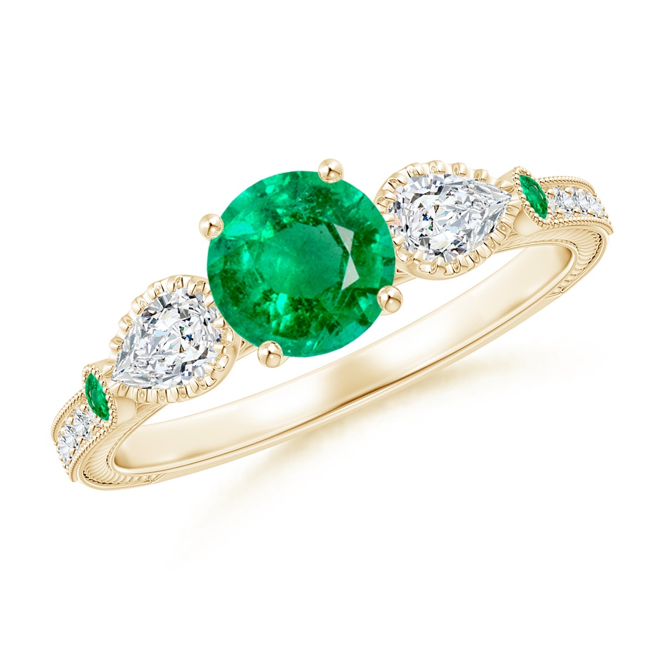 6mm AAA Aeon Vintage Style Emerald and Diamond Three Stone Engagement Ring with Milgrain in Yellow Gold 