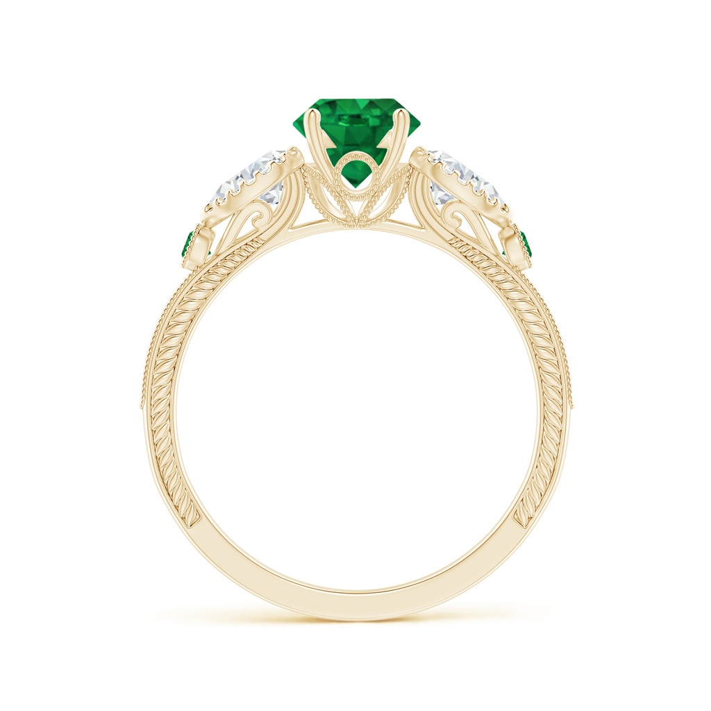 6mm AAA Aeon Vintage Style Emerald and Diamond Three Stone Engagement Ring with Milgrain in Yellow Gold Side-1