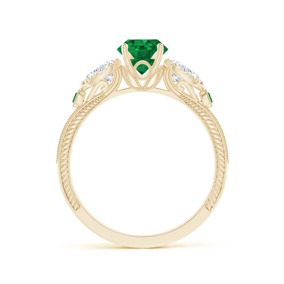 6mm AAA Aeon Vintage Style Emerald and Diamond Three Stone Engagement Ring with Milgrain in Yellow Gold side-1