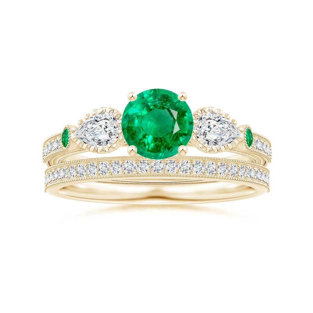 6mm AAA Aeon Vintage Style Emerald and Diamond Three Stone Engagement Ring with Milgrain in Yellow Gold Side-3