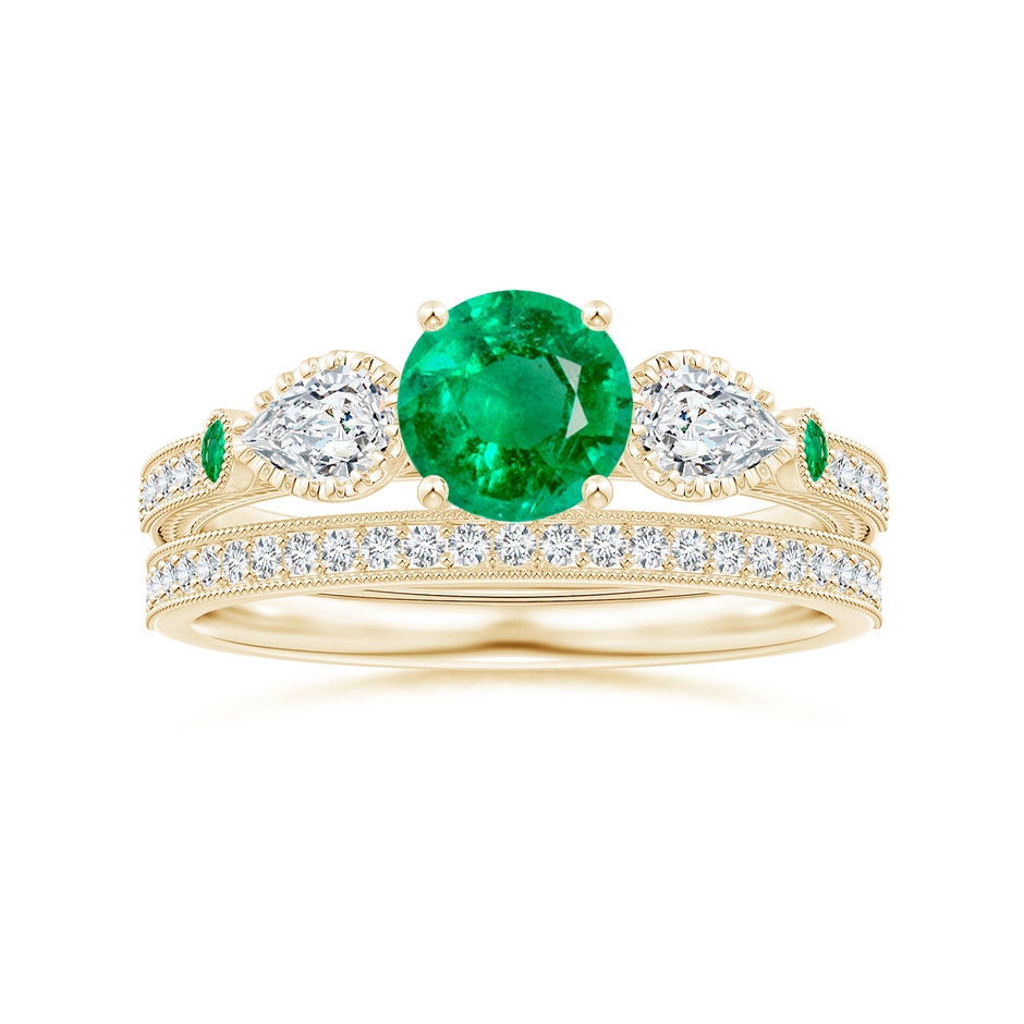 6mm AAA Aeon Vintage Style Emerald and Diamond Three Stone Engagement Ring with Milgrain in Yellow Gold side-3