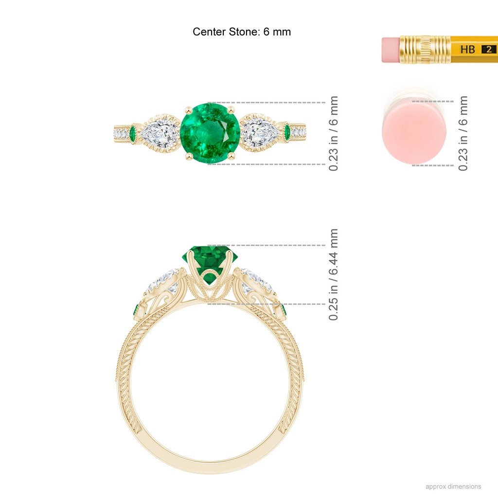 6mm AAA Aeon Vintage Style Emerald and Diamond Three Stone Engagement Ring with Milgrain in Yellow Gold Ruler