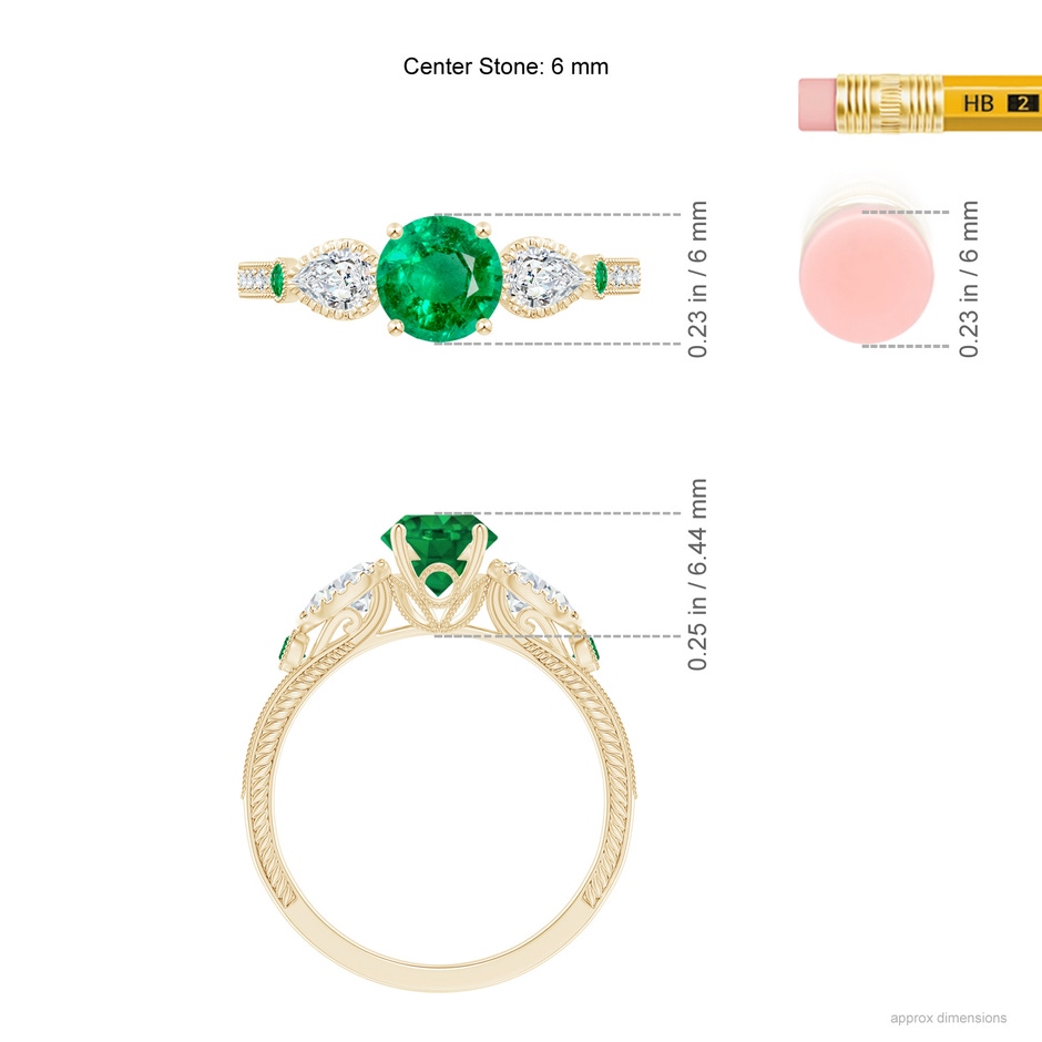 6mm AAA Aeon Vintage Style Emerald and Diamond Three Stone Engagement Ring with Milgrain in Yellow Gold ruler