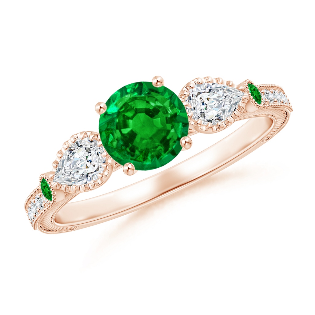 6mm AAAA Aeon Vintage Style Emerald and Diamond Three Stone Engagement Ring with Milgrain in Rose Gold