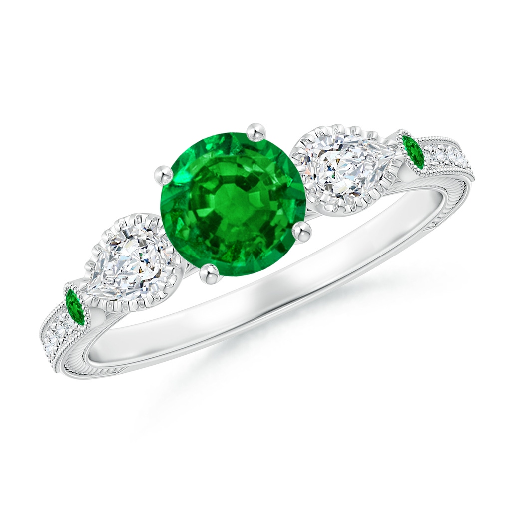 6mm AAAA Aeon Vintage Style Emerald and Diamond Three Stone Engagement Ring with Milgrain in White Gold