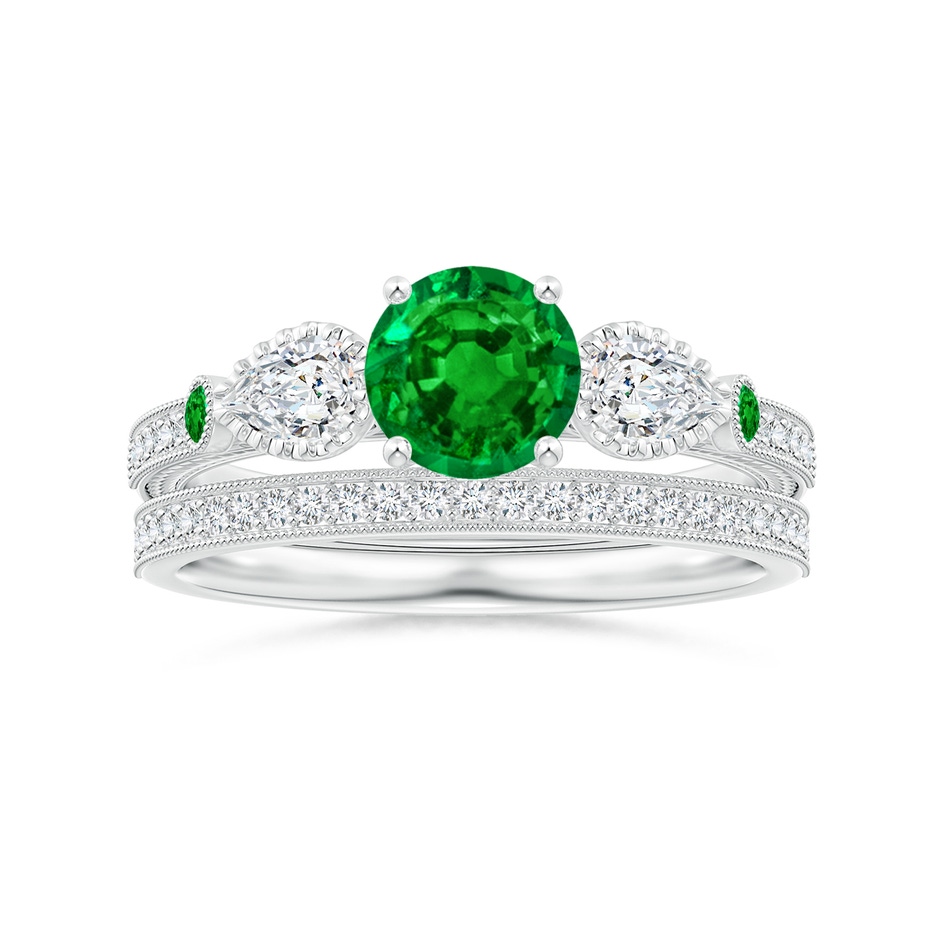 6mm AAAA Aeon Vintage Style Emerald and Diamond Three Stone Engagement Ring with Milgrain in White Gold side-3