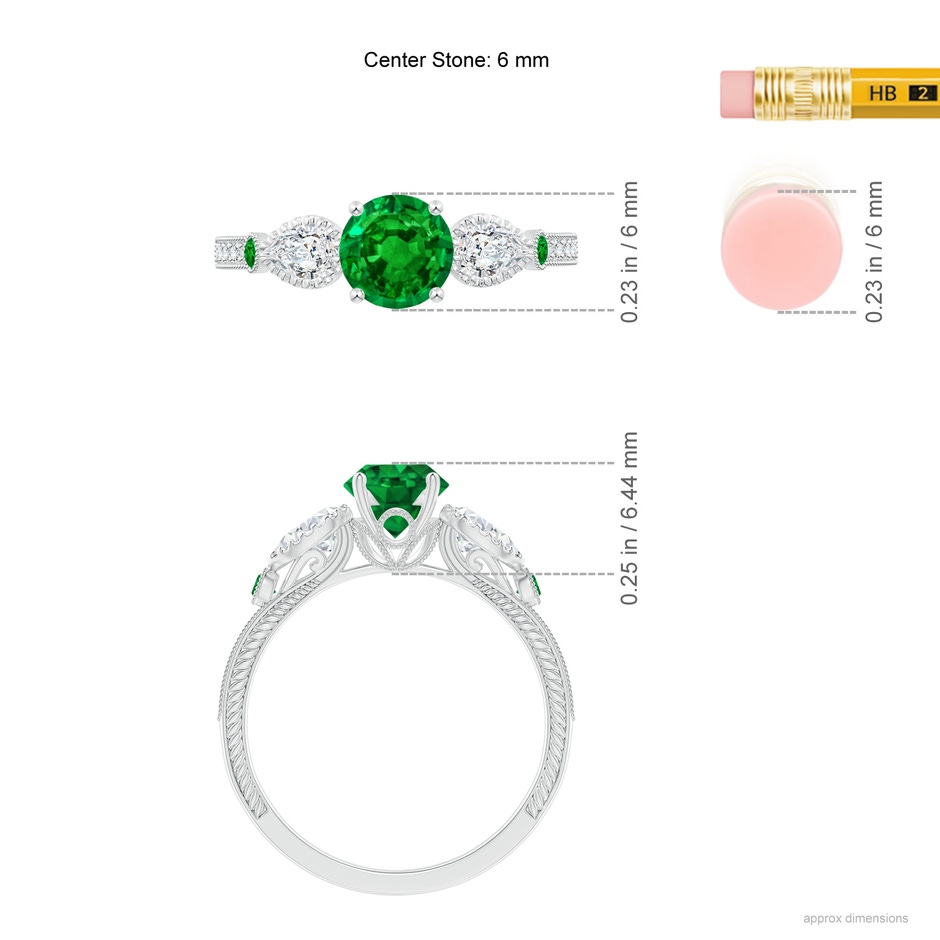 6mm AAAA Aeon Vintage Style Emerald and Diamond Three Stone Engagement Ring with Milgrain in White Gold ruler