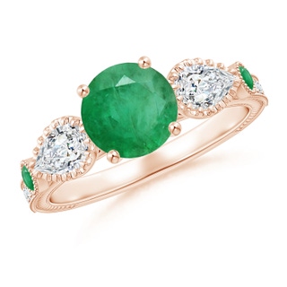7mm A Aeon Vintage Style Emerald and Diamond Three Stone Engagement Ring with Milgrain in Rose Gold