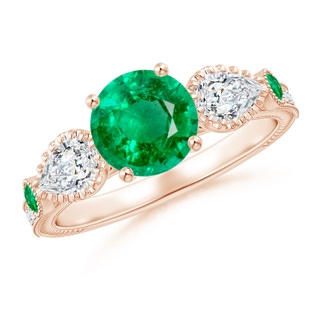 7mm AAA Aeon Vintage Style Emerald and Diamond Three Stone Engagement Ring with Milgrain in Rose Gold