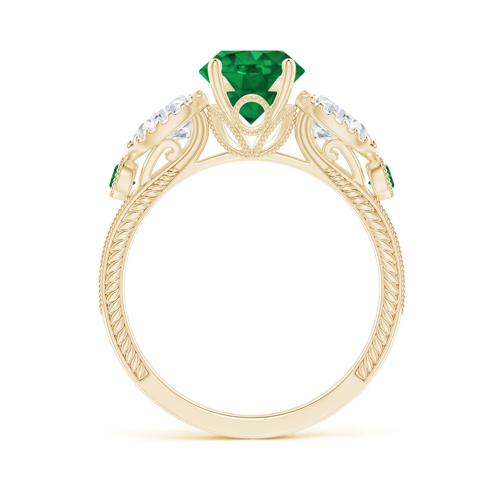 7mm AAA Aeon Vintage Style Emerald and Diamond Three Stone Engagement Ring with Milgrain in Yellow Gold Side-1