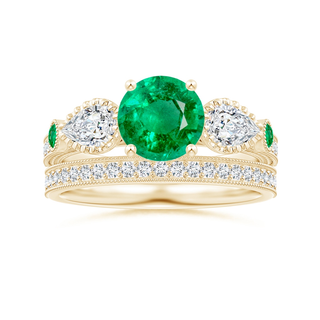 7mm AAA Aeon Vintage Style Emerald and Diamond Three Stone Engagement Ring with Milgrain in Yellow Gold Side-3