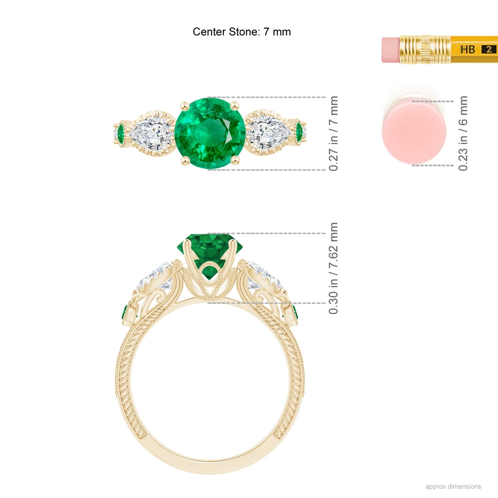 7mm AAA Aeon Vintage Style Emerald and Diamond Three Stone Engagement Ring with Milgrain in Yellow Gold Ruler
