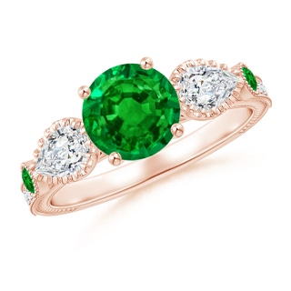 7mm AAAA Aeon Vintage Style Emerald and Diamond Three Stone Engagement Ring with Milgrain in 18K Rose Gold