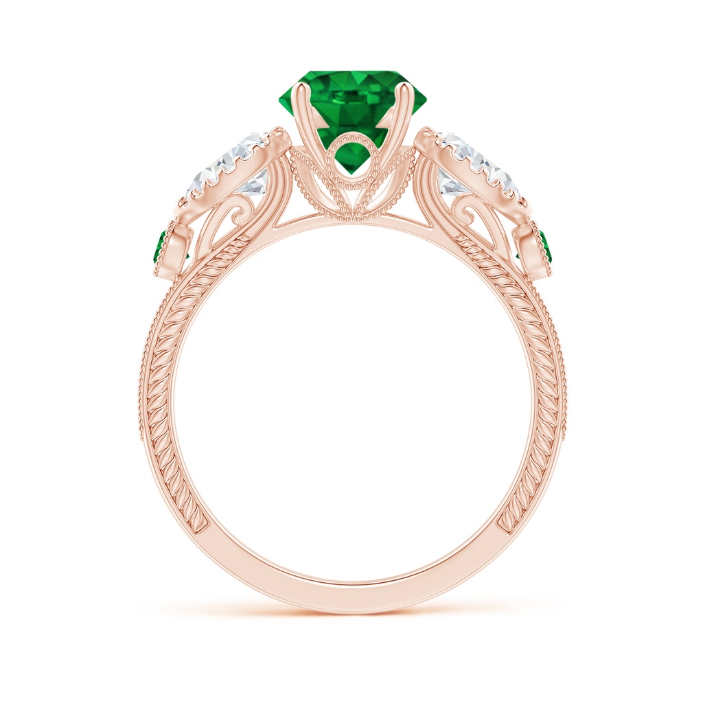 7mm AAAA Aeon Vintage Style Emerald and Diamond Three Stone Engagement Ring with Milgrain in 18K Rose Gold Side-1