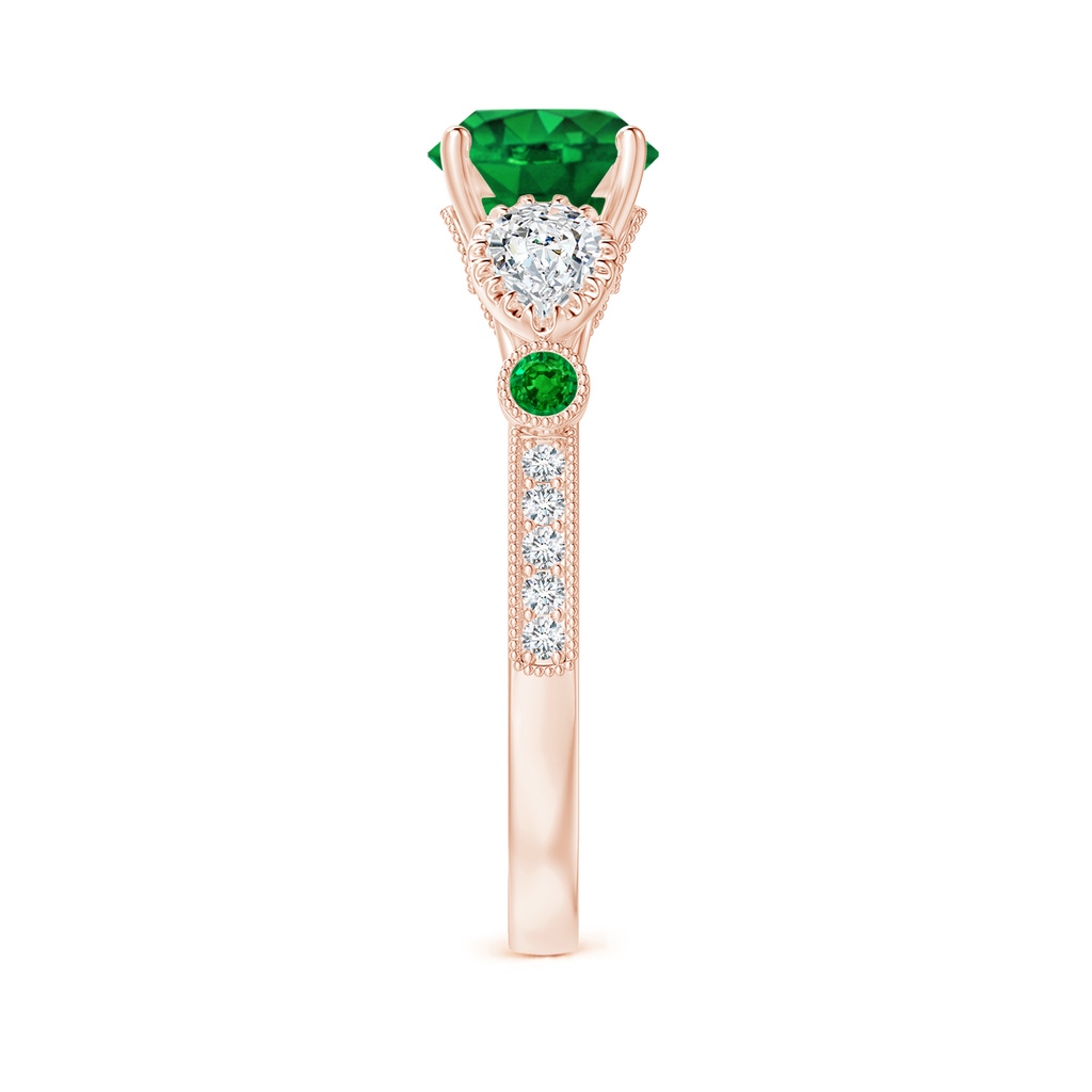7mm AAAA Aeon Vintage Style Emerald and Diamond Three Stone Engagement Ring with Milgrain in 18K Rose Gold Side-2
