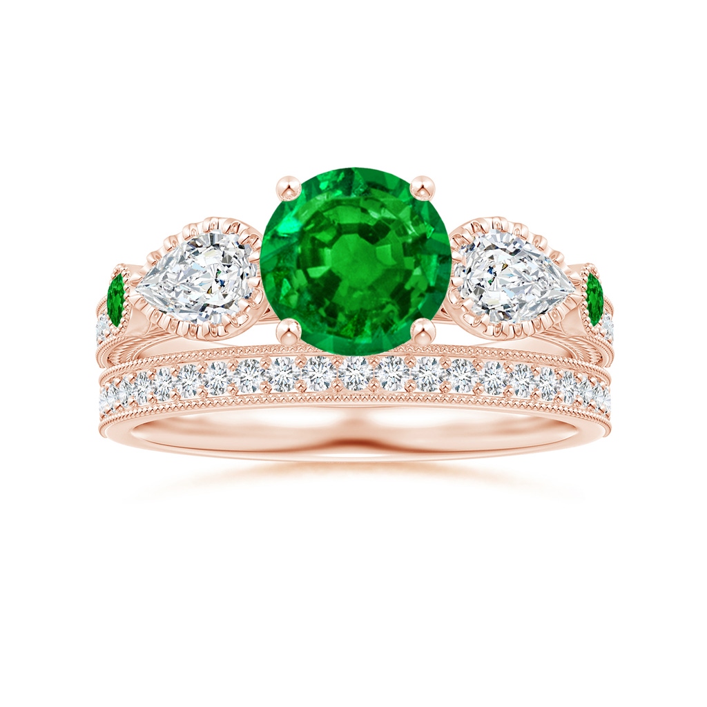 7mm AAAA Aeon Vintage Style Emerald and Diamond Three Stone Engagement Ring with Milgrain in 18K Rose Gold Side-3