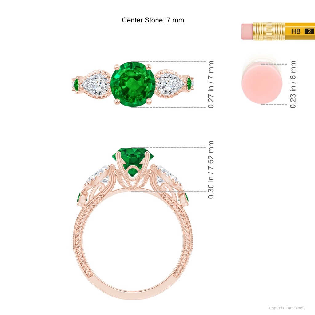 7mm AAAA Aeon Vintage Style Emerald and Diamond Three Stone Engagement Ring with Milgrain in 18K Rose Gold Ruler
