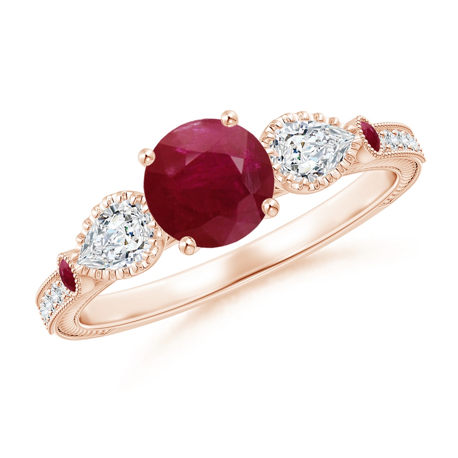 6mm A Aeon Vintage Style Ruby and Diamond Three Stone Engagement Ring with Milgrain in Rose Gold 