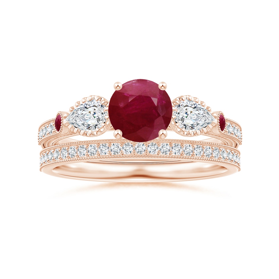 6mm A Aeon Vintage Style Ruby and Diamond Three Stone Engagement Ring with Milgrain in Rose Gold side-3