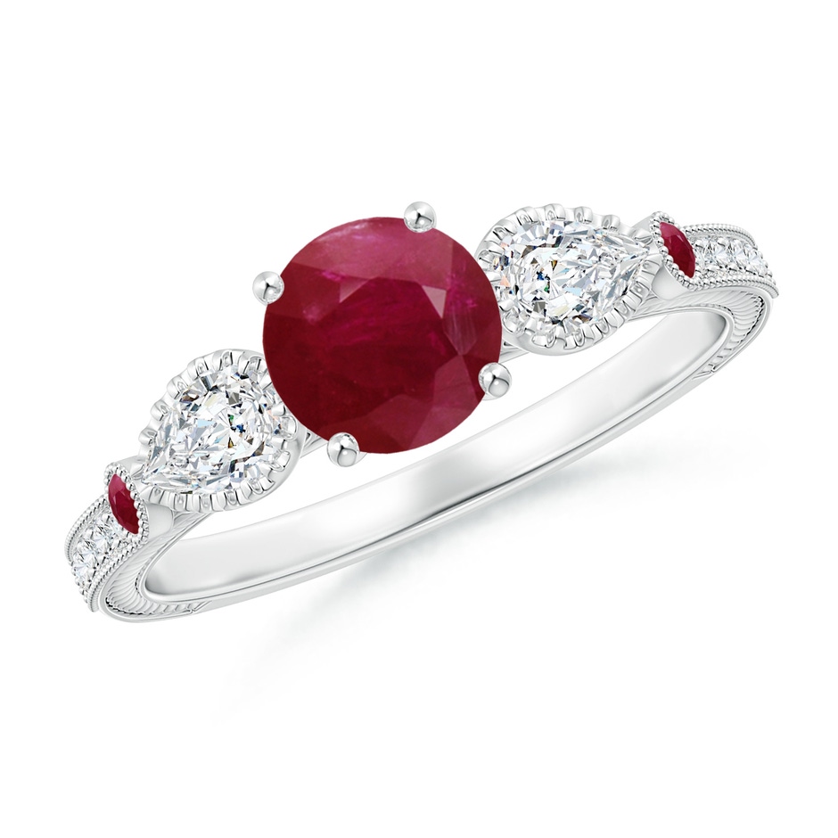6mm A Aeon Vintage Style Ruby and Diamond Three Stone Engagement Ring with Milgrain in White Gold 