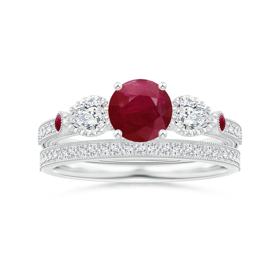 6mm A Aeon Vintage Style Ruby and Diamond Three Stone Engagement Ring with Milgrain in White Gold side-3