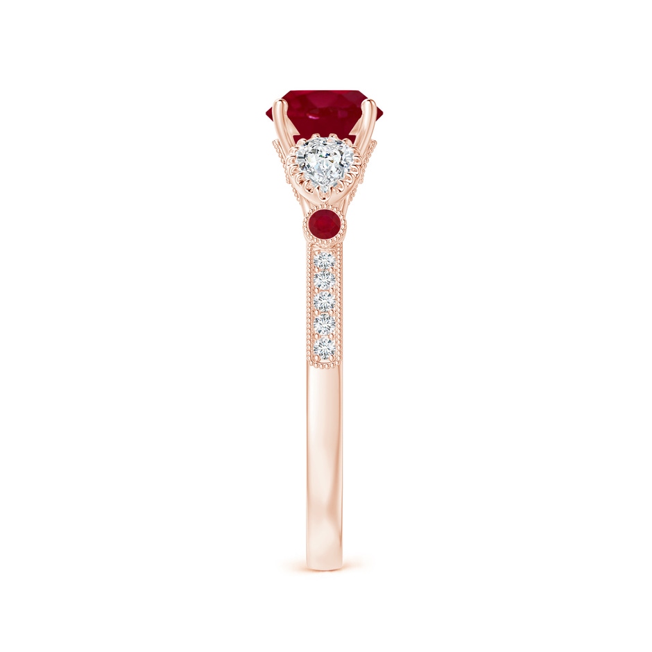 6mm AA Aeon Vintage Style Ruby and Diamond Three Stone Engagement Ring with Milgrain in 18K Rose Gold side-2
