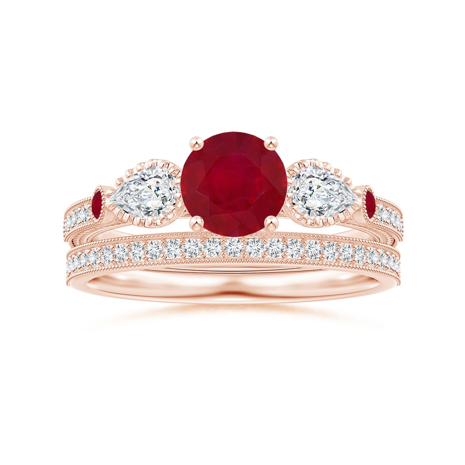 6mm AA Aeon Vintage Style Ruby and Diamond Three Stone Engagement Ring with Milgrain in 18K Rose Gold side-3