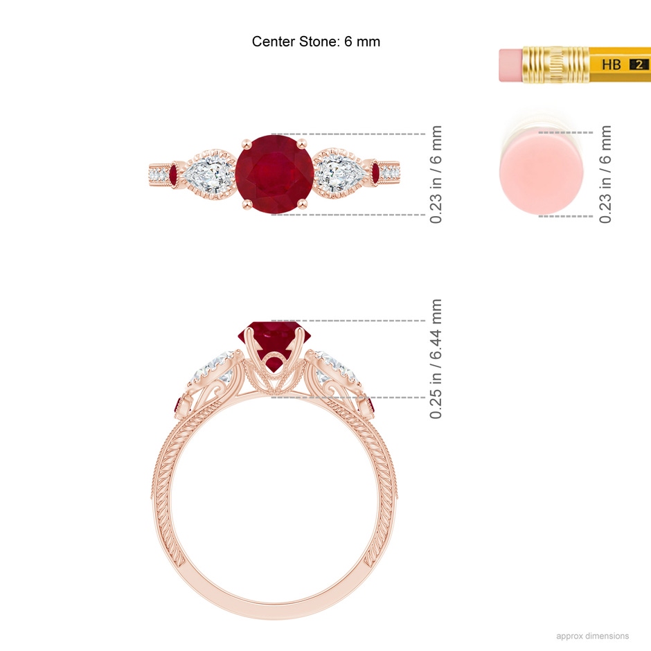6mm AA Aeon Vintage Style Ruby and Diamond Three Stone Engagement Ring with Milgrain in 18K Rose Gold ruler