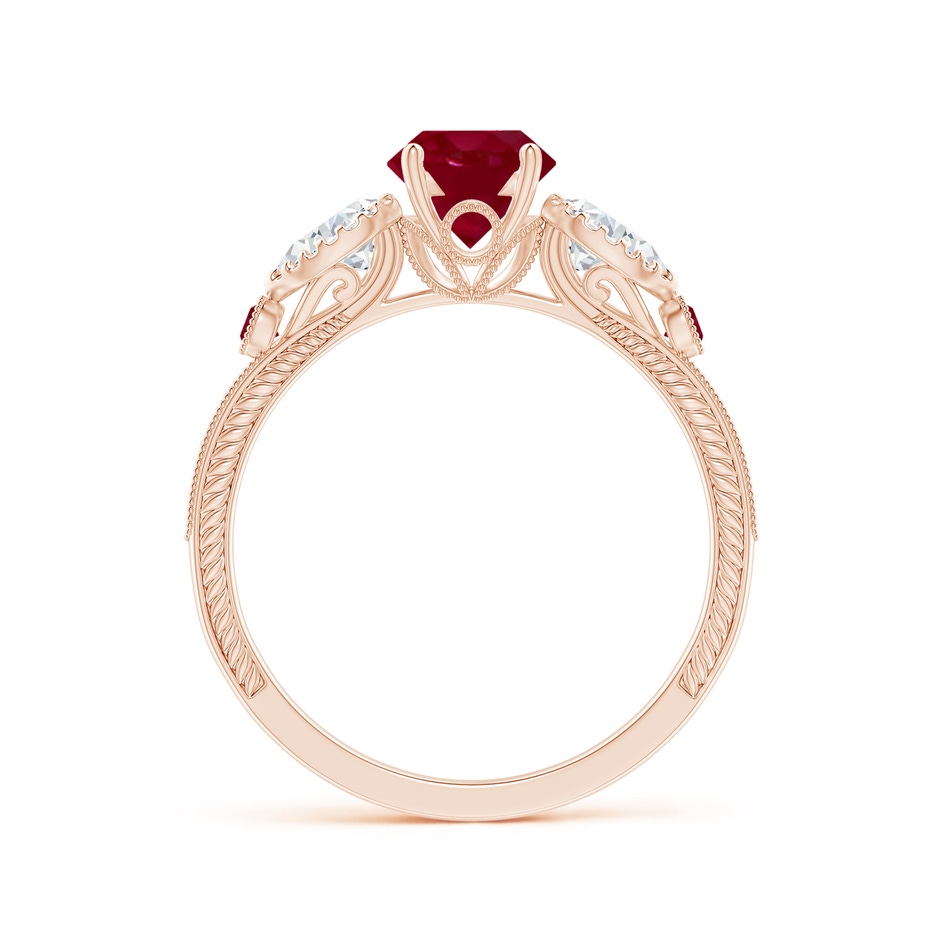 6mm AA Aeon Vintage Style Ruby and Diamond Three Stone Engagement Ring with Milgrain in Rose Gold side-1