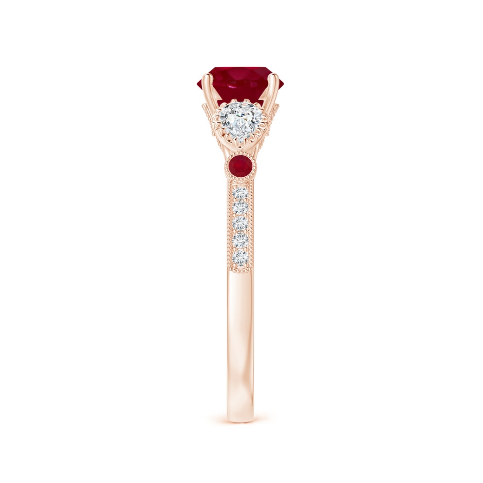 6mm AA Aeon Vintage Style Ruby and Diamond Three Stone Engagement Ring with Milgrain in Rose Gold side-2