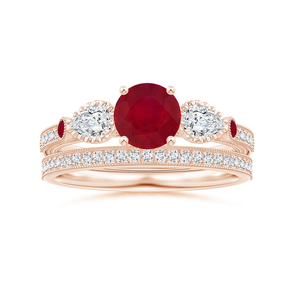 6mm AA Aeon Vintage Style Ruby and Diamond Three Stone Engagement Ring with Milgrain in Rose Gold side-3