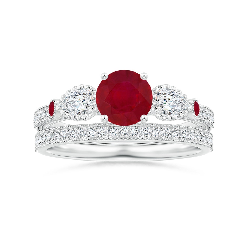 6mm AA Aeon Vintage Style Ruby and Diamond Three Stone Engagement Ring with Milgrain in White Gold side-3