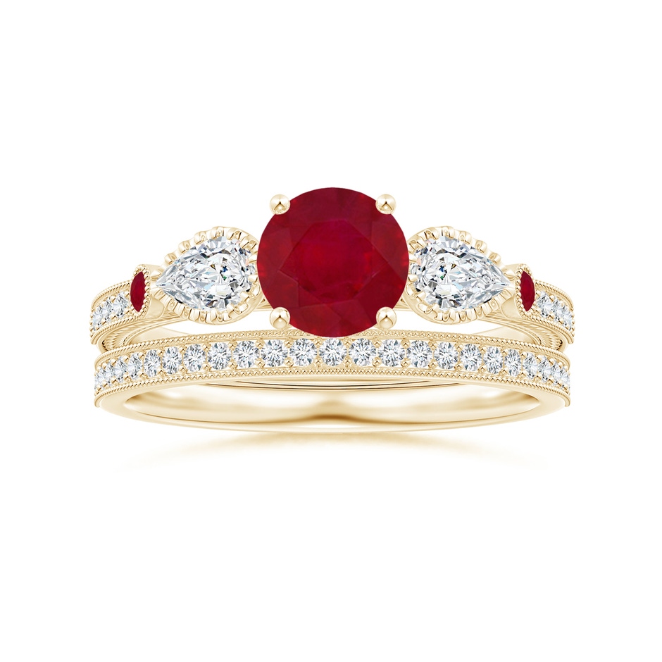 6mm AA Aeon Vintage Style Ruby and Diamond Three Stone Engagement Ring with Milgrain in Yellow Gold side-3