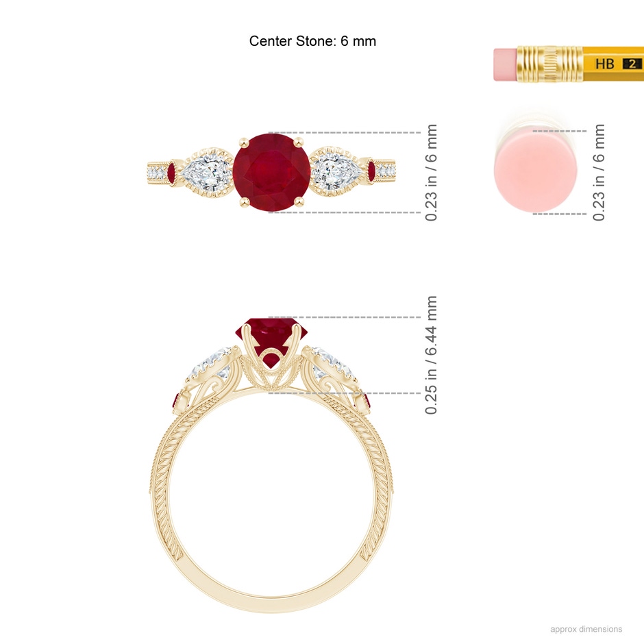 6mm AA Aeon Vintage Style Ruby and Diamond Three Stone Engagement Ring with Milgrain in Yellow Gold ruler