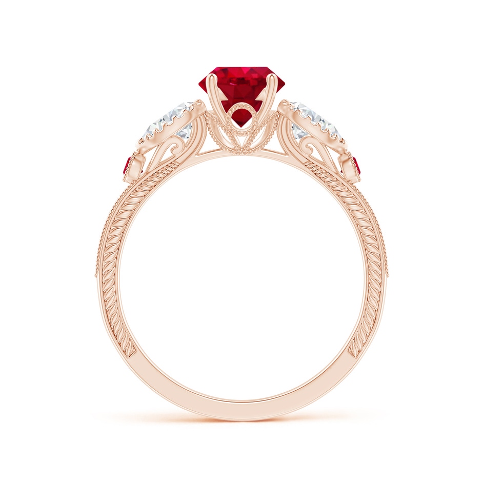 6mm AAA Aeon Vintage Style Ruby and Diamond Three Stone Engagement Ring with Milgrain in Rose Gold side-1
