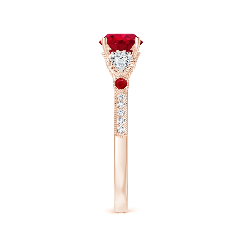 6mm AAA Aeon Vintage Style Ruby and Diamond Three Stone Engagement Ring with Milgrain in Rose Gold side-2