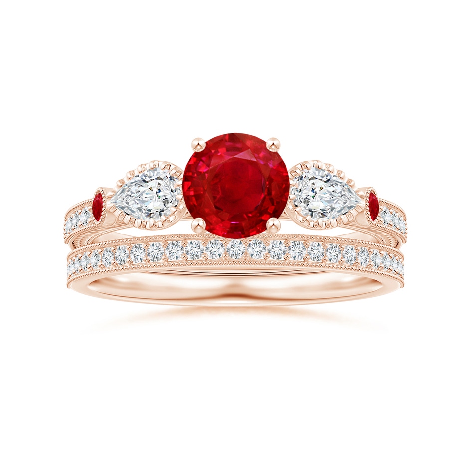 6mm AAA Aeon Vintage Style Ruby and Diamond Three Stone Engagement Ring with Milgrain in Rose Gold side-3