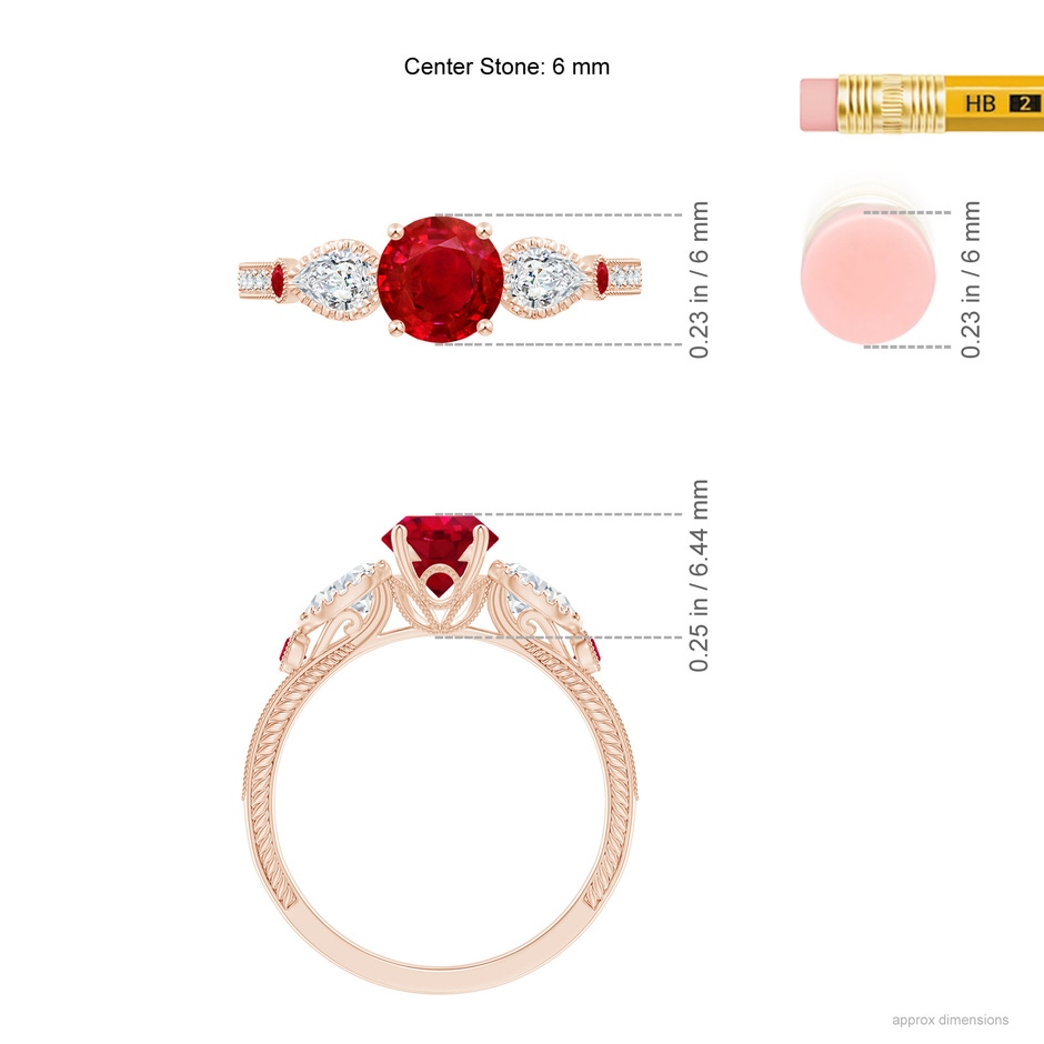 6mm AAA Aeon Vintage Style Ruby and Diamond Three Stone Engagement Ring with Milgrain in Rose Gold ruler