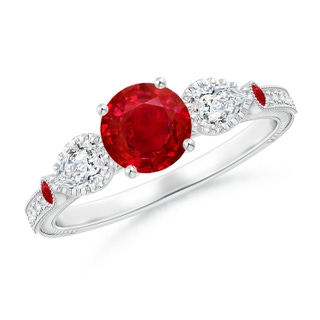 6mm AAA Aeon Vintage Style Ruby and Diamond Three Stone Engagement Ring with Milgrain in White Gold