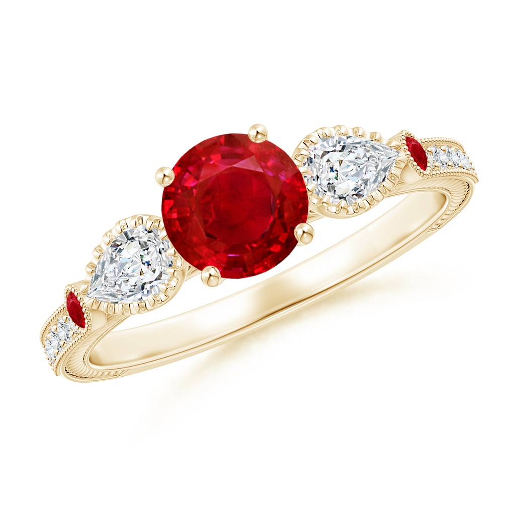 6mm AAA Aeon Vintage Style Ruby and Diamond Three Stone Engagement Ring with Milgrain in Yellow Gold