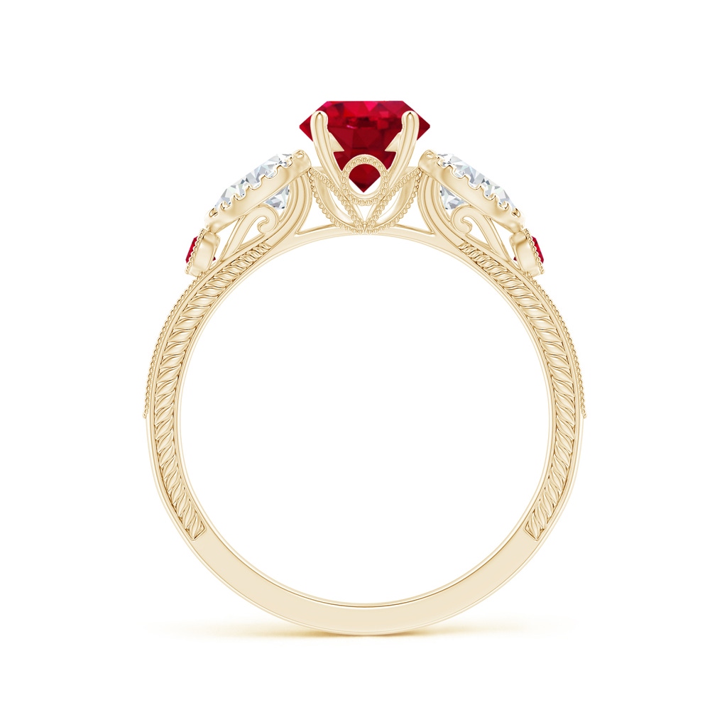 6mm AAA Aeon Vintage Style Ruby and Diamond Three Stone Engagement Ring with Milgrain in Yellow Gold Side-1