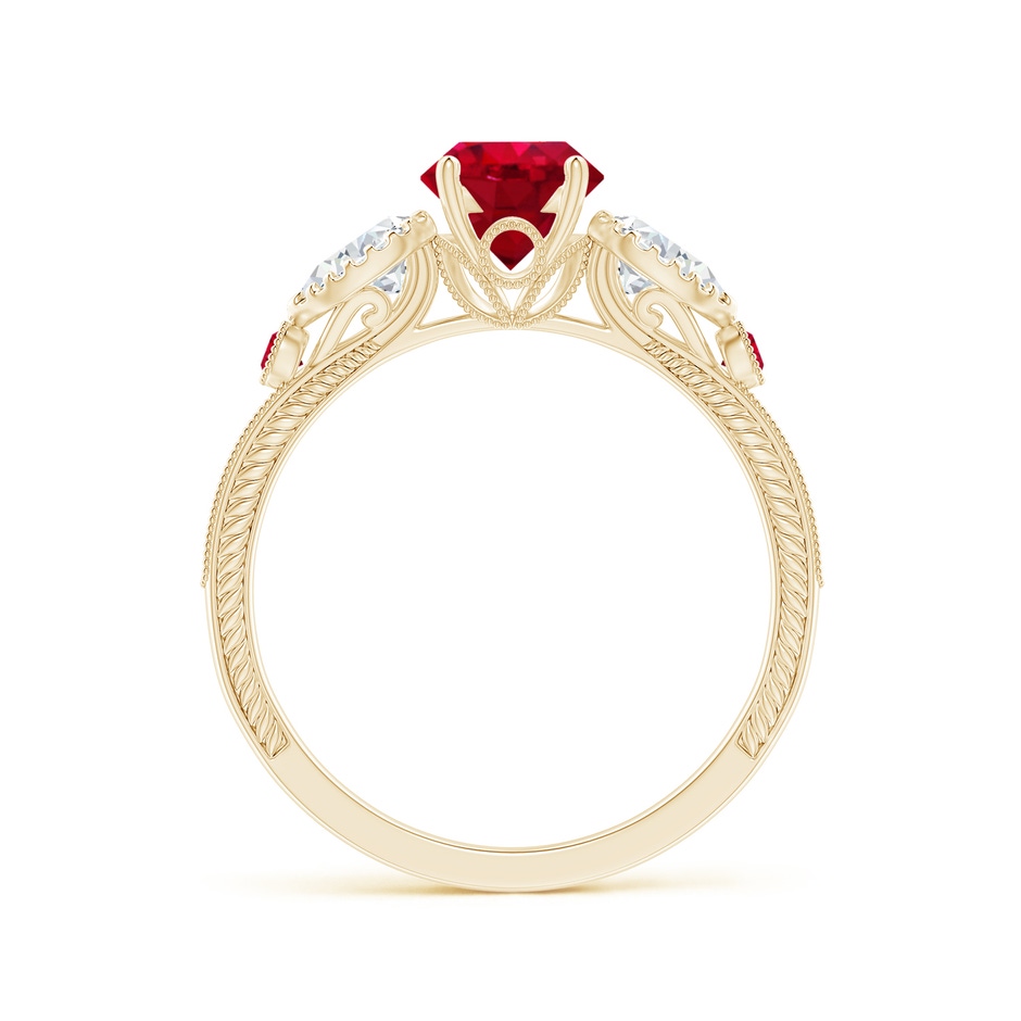 6mm AAA Aeon Vintage Style Ruby and Diamond Three Stone Engagement Ring with Milgrain in Yellow Gold side-1