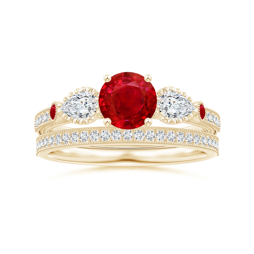 6mm AAA Aeon Vintage Style Ruby and Diamond Three Stone Engagement Ring with Milgrain in Yellow Gold Side-3