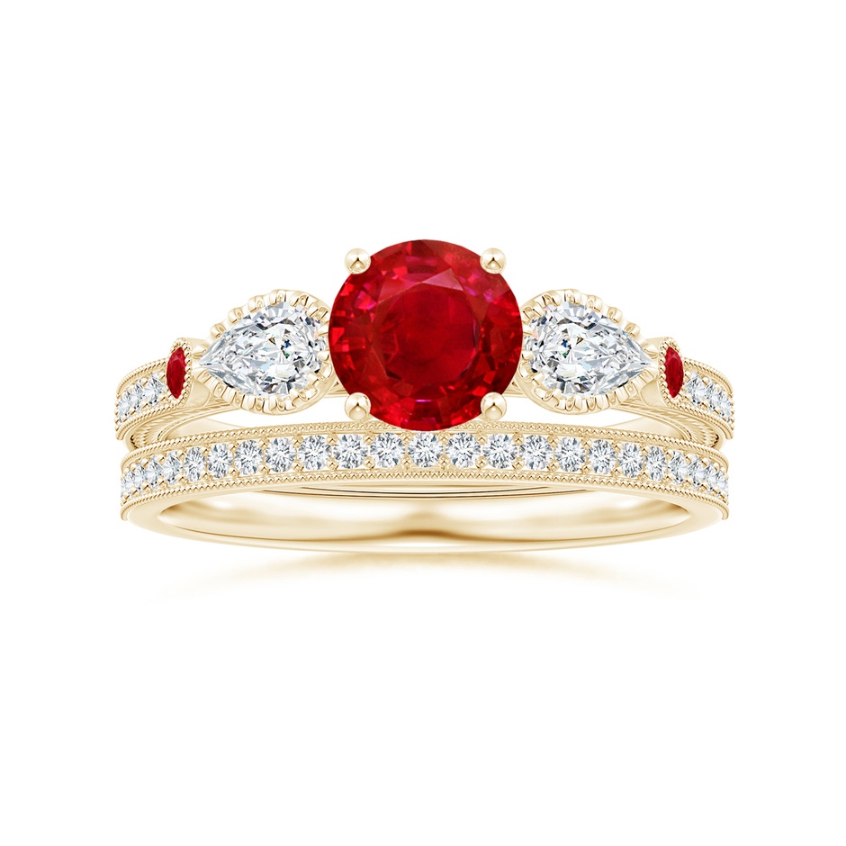 6mm AAA Aeon Vintage Style Ruby and Diamond Three Stone Engagement Ring with Milgrain in Yellow Gold side-3