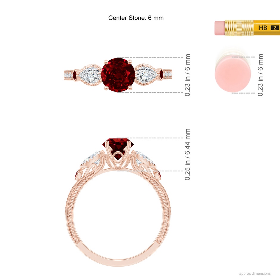 6mm AAAA Aeon Vintage Style Ruby and Diamond Three Stone Engagement Ring with Milgrain in 18K Rose Gold ruler