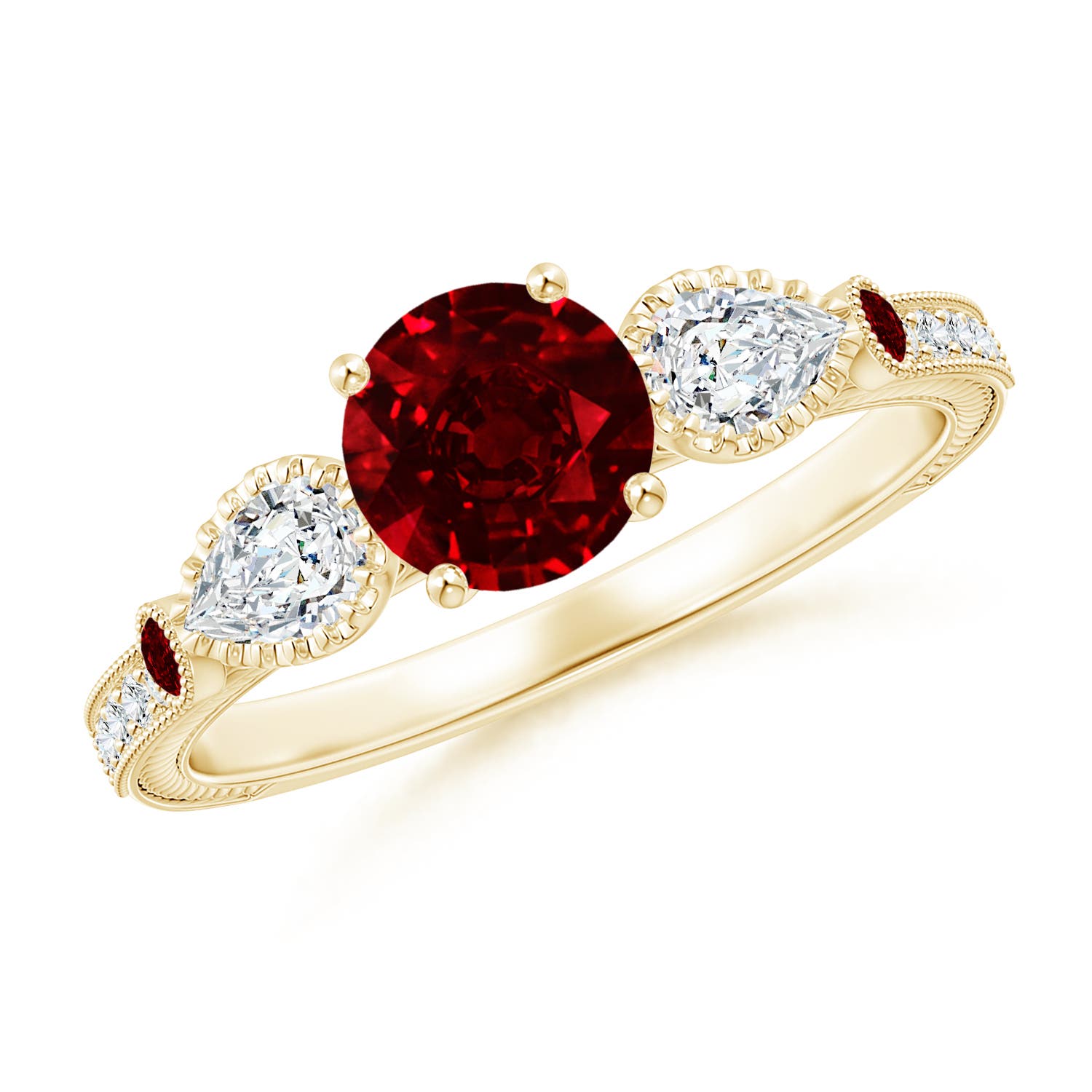 Aeon Vintage Style Ruby and Diamond Three Stone Engagement Ring with ...